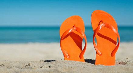 beautiful flip flops buried in the sand of a beach in high definition and sharpness