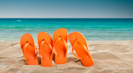 beautiful flip flops buried in the sand of a beach in high definition