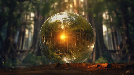 a big crystal ball full of green trees with nature and life inside the crystal vola, in the middle of a post-apocalyptic burning world, 4k, qhd, hyper-realistic, full of details