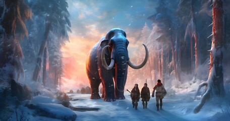 Woolly mammoth with cave men in the ice age