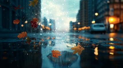 Fototapeta premium Rainy ,street, people ,blurred, evening, light, rain, drops , pavement ,Autumn, Tallinn, old, town ,people ,walk,umbrellas, travel ,Estonia ,Europe,rainy, drops, water,window, evening, blurred, blue 