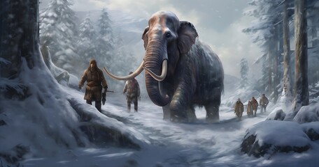 Woolly mammoth traveling with cave men