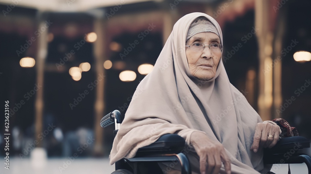 Wall mural muslim old woman with dissability sitting in wheelchair and holding quran with view of kaaba