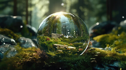 Fototapeta na wymiar a big crystal ball full of green trees with nature and life inside the crystal vola, in the middle of a post-apocalyptic burning world, 4k, qhd, hyper-realistic, full of details