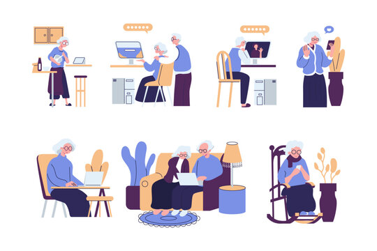 Modern old people using internet, mobile phones, computers. Senior men, women, couple with smartphone, laptops. Elderly generation online. Flat graphic vector illustration isolated on white background