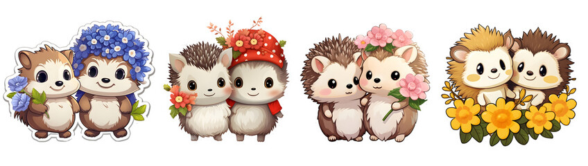 Cute Baby Hedgehogs Surrounded By Pink, Yellow, Blue, Red Flower Petals On Friendship Day Cartoon Stickers. Generative AI