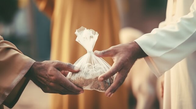 Muslim person giving alms or a plastic bag containing sacrificial meat to the poor to celebrate eid al adha