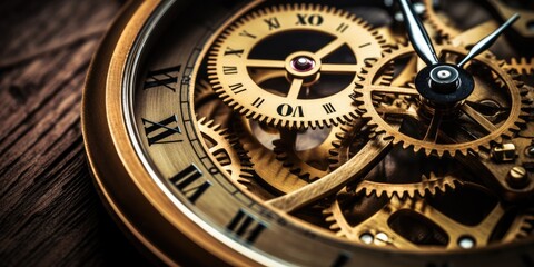 An intricate of a clock mechanism where each gear is intricately, creating a mesmerizing visual representation of the passage of time. Generative AI
