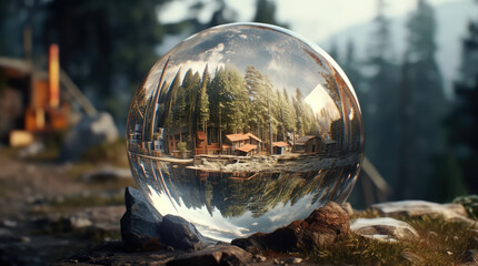 a big crystal ball full of green trees with nature and life inside the crystal vola, in the middle of a post-apocalyptic burning world, 4k, qhd, hyper-realistic, full of details