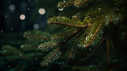 Fototapeta na wymiar Christmas tree closeup on illuminated background - Generative AI.