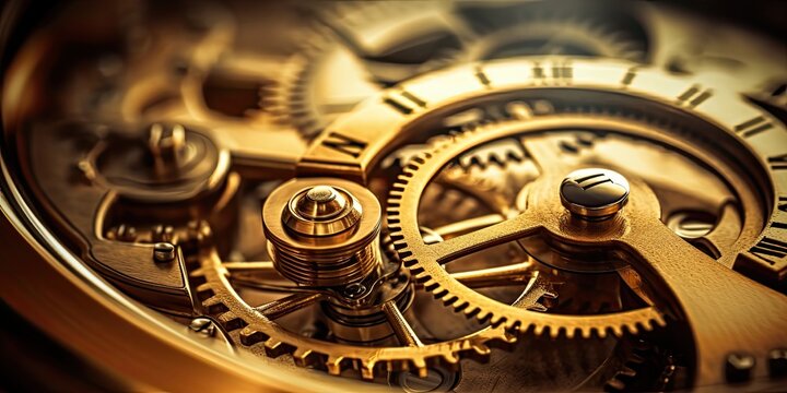An intricate of a clock mechanism where each gear is intricately, creating a mesmerizing visual representation of the passage of time. Generative AI