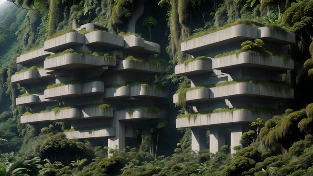 Landscape of an abandoned brutalist mega-structure deep in the rainforest - Generative AI Illustration	
