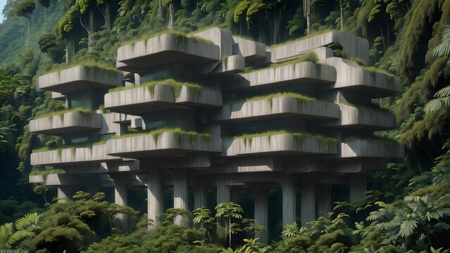 Landscape of an abandoned brutalist mega-structure deep in the rainforest - Generative AI Illustration	
