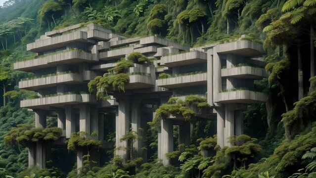 Landscape of an abandoned brutalist mega-structure deep in the rainforest - Generative AI Illustration	

