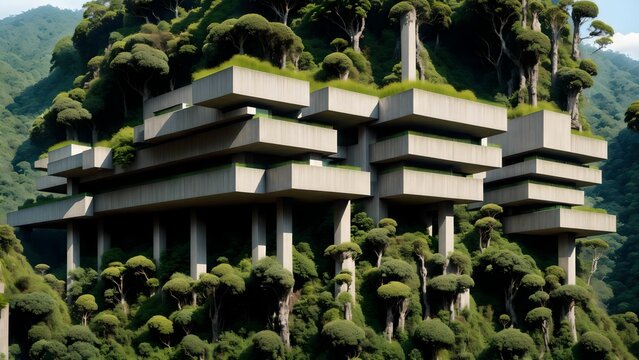 Landscape of an abandoned brutalist mega-structure deep in the rainforest - Generative AI Illustration	
