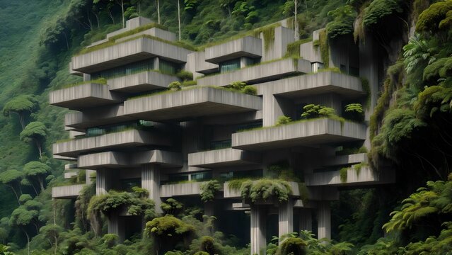 Landscape of an abandoned brutalist mega-structure deep in the rainforest - Generative AI Illustration	
