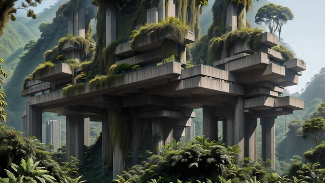Landscape of an abandoned brutalist mega-structure deep in the rainforest - Generative AI Illustration	
