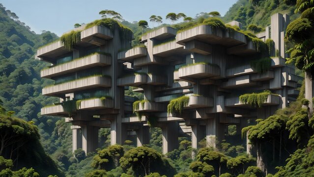 Landscape of an abandoned brutalist mega-structure deep in the rainforest - Generative AI Illustration	
