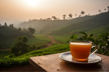 Cup of tea placed on outdoor table in front of tea field