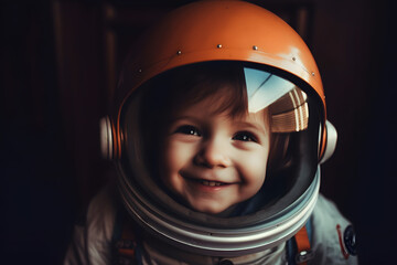 A small child imagines himself to be an astronaut in an astronaut's helmet.