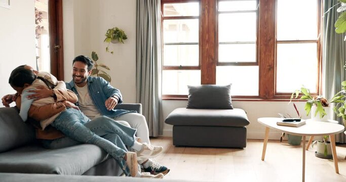 Home, hug and girl with her parents, couch and happiness with bonding, loving together and quality time. Family, mother and father on a sofa, female child and kid with joy, weekend break and care