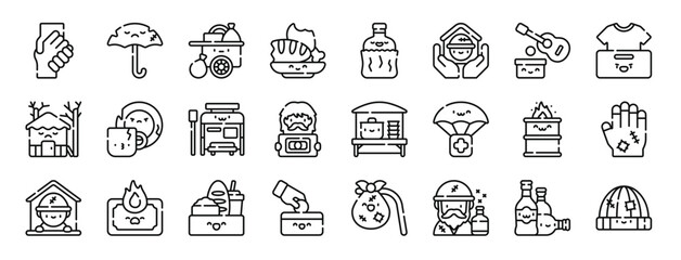 Fototapeta na wymiar set of 24 outline web homeless icons such as solidarity, no insurance, scavenger, leftover, alcohol, support, busking vector icons for report, presentation, diagram, web design, mobile app