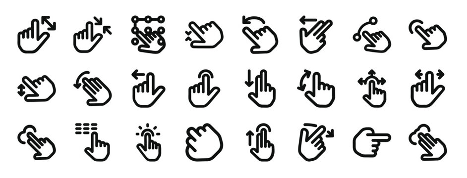 set of 24 outline web touch gestures icons such as zoom in, zoom out, keypad, zoom out, rotate, swipe left, drag vector icons for report, presentation, diagram, web design, mobile app