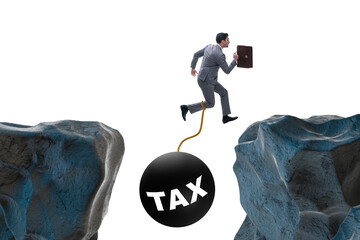 Concept of tax burden with businessman over chasm