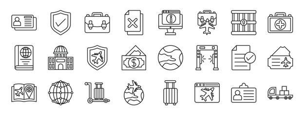 Fototapeta na wymiar set of 24 outline web immigration icons such as , shield, briefcase, denied, information, business trip, jail vector icons for report, presentation, diagram, web design, mobile app