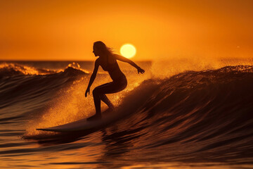 Horizontal banner silhouette of single female woman surfer surfing waves on his surfboard during sunset or sunrise. People water sport lessons beach swimming activity on summer vacation. Generative AI