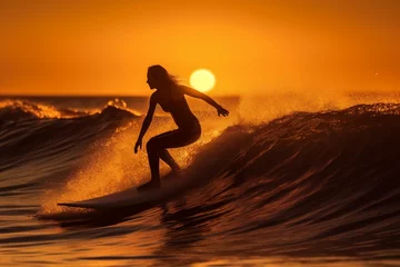 Foto op Plexiglas Horizontal banner silhouette of single female woman surfer surfing waves on his surfboard during sunset or sunrise. People water sport lessons beach swimming activity on summer vacation. Generative AI © Valeriia