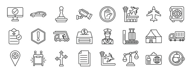 Fototapeta na wymiar set of 24 outline web immigration icons such as checking, car, rubber stamp, cctv, stop, airport, plane vector icons for report, presentation, diagram, web design, mobile app