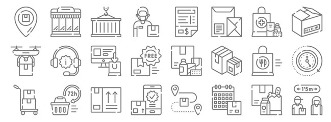 Obraz na płótnie Canvas delivery line icons. linear set. quality vector line set such as distance, calendar, confirmation, cart, food delivery, online shopping, open box, invoice, supermarket