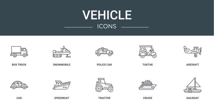 set of 10 outline web vehicle icons such as box truck, snowmobile, police car, tuktuk, aircraft, car, speedboat vector icons for report, presentation, diagram, web design, mobile app
