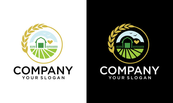 Vector farm house icon template. Linear organic farming symbol illustration with field, sun, rays. Natural food logo background for healthy fresh eco products, farmers market in circle form
