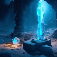 shining sword in the cave generated by AI tool