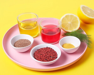 glass of juice, tea, lemon fruit and bowl of pepper spice on a pink tray, yellow table. Flat colors for a pop style food composition.