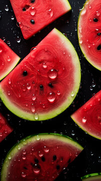 Close up with fresh juicy watermelon sliced with water drops. Summer fruit vertical poster. 3d render background with healthy red fruits
