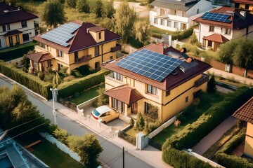 Fototapeta na wymiar aerial view of solar panel roof in suburban environment