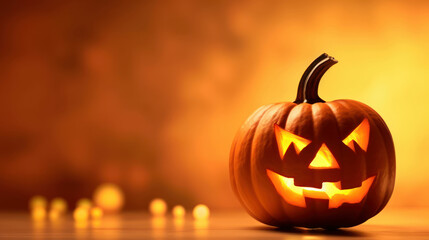 Glowing jack - o - lantern pumpkin on a yellow background.