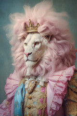Portrait of anthropomorphic lion with pink hair in vintage clothes