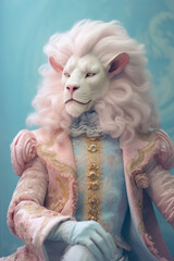 Fototapeta premium Portrait of anthropomorphic lion with pink hair in vintage clothes