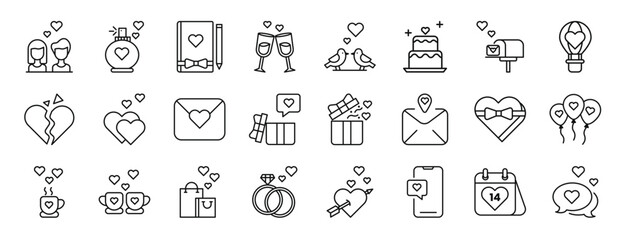 Obraz na płótnie Canvas set of 24 outline web valentine day icons such as people together, heart beats, note paper, white wine, valentines day, baker, email vector icons for report, presentation, diagram, web design,
