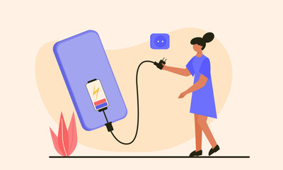 Woman charging cellphone battery illustration. Woman holding smartphone charger vector illustration.