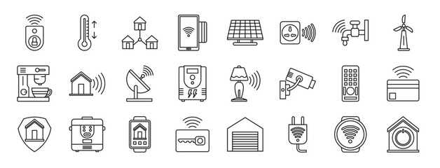 Obraz na płótnie Canvas set of 24 outline web smart home icons such as remote, temperature, network, , solar panel, socket, faucet vector icons for report, presentation, diagram, web design, mobile app