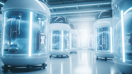 Obraz premium Cryogenic storage containers in a laboratory hinting at the futuristic promise of cryopreservation in medicine. Generative AI