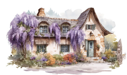 Fototapeta premium Watercolor fairy tale house overgrown with large lavender flowers and field herbs. copy space. illustration for postcard or book. Generative AI