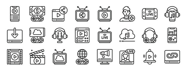 Obraz na płótnie Canvas set of 24 outline web online streaming icons such as phone, dollar, browser, television, television, man, mobile vector icons for report, presentation, diagram, web design, mobile app