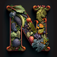 Capital letter N generated from fruit and vegetables. 3D render of character en, logotype font with raw vegetable foods. Healthy wholefood vegetarian diet typography concept, alphabetical type AI