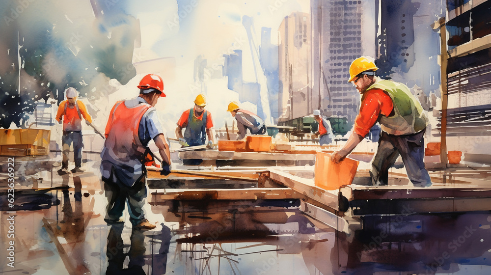 Wall mural construction workers at work watercolor illustration of a group of workmen wearing safety helmets an